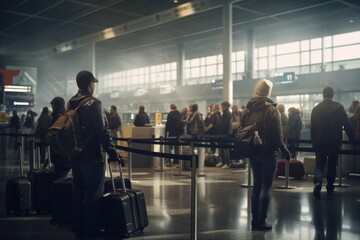 A picture of a group of people standing around with their luggage. This image can be used to represent travel, vacation, family trips, or airport scenes.