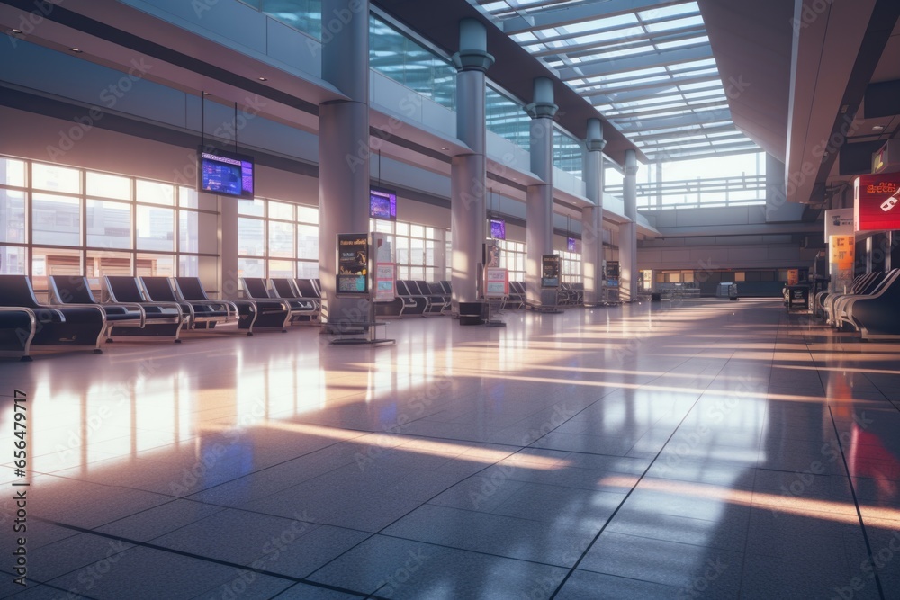 Poster An image of an empty airport with rows of chairs. This picture can be used to depict a quiet and spacious airport terminal, or to represent the travel industry during low-peak hours.