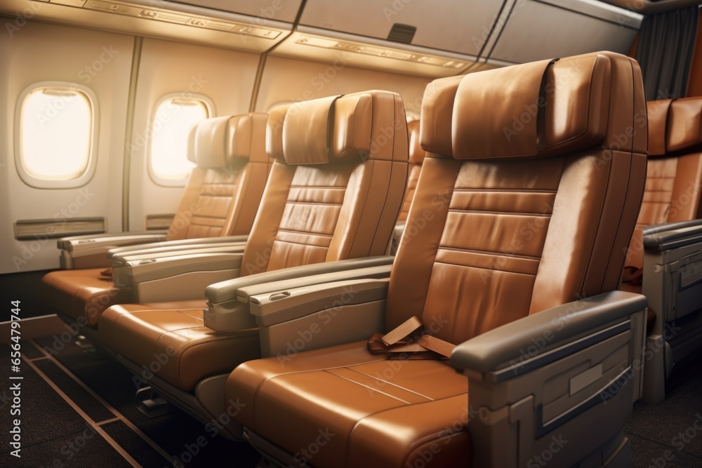 Poster a row of seats in an airplane with windows. perfect for travel and transportation themes.