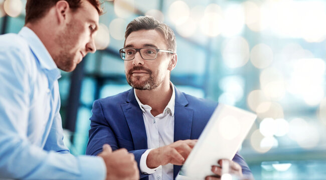 Business people, team advice and tablet for collaboration, corporate meeting and b2b ideas for sales and finance data. Professional manager and client talking of growth strategy on digital technology