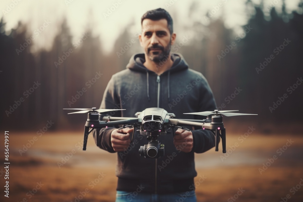 Poster a man holding a remote control drone in his hands. this versatile image can be used to illustrate co