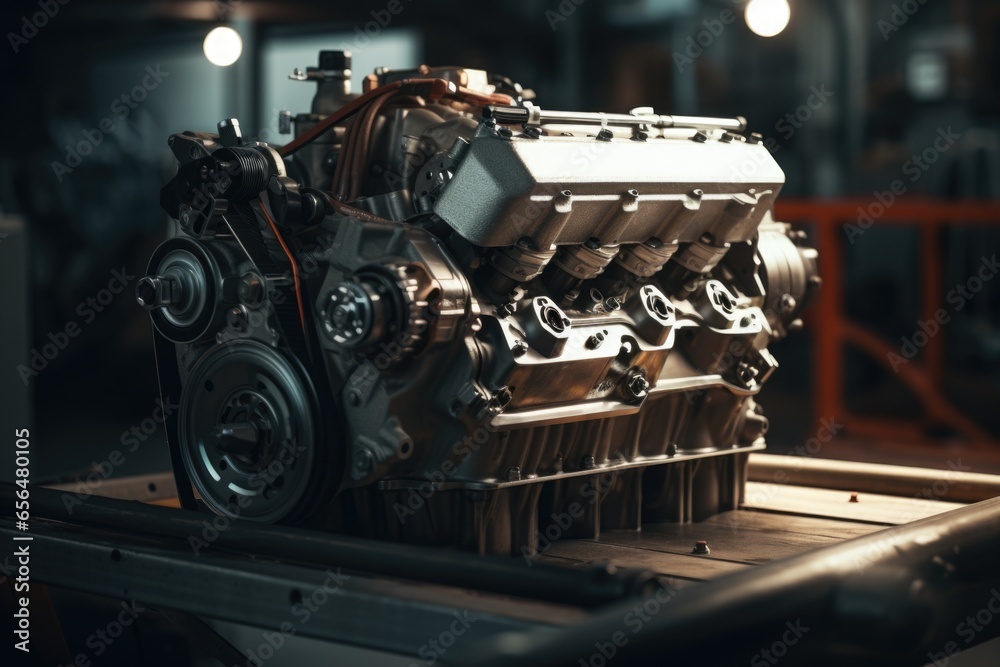 Poster a photograph of a large engine placed on top of a table. this image can be used to illustrate concep