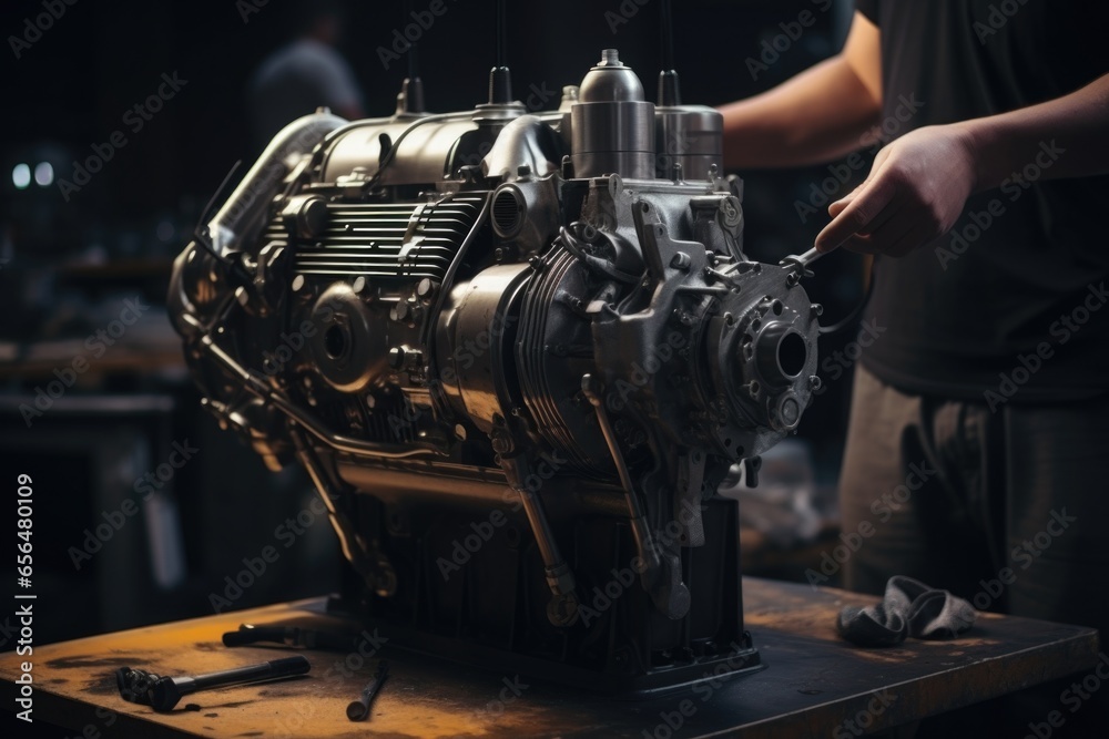 Poster a man is seen working on a metal engine in a workshop. this image can be used to showcase automotive