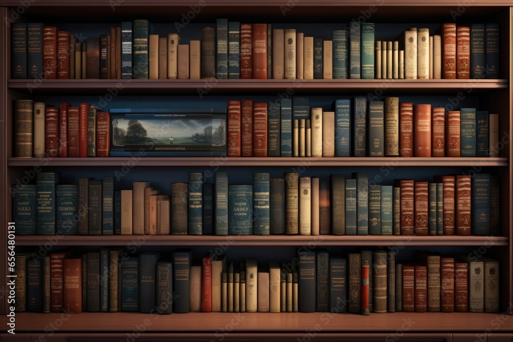 Poster A picture of a book shelf filled with numerous books. This image can be used to depict a library, education, knowledge, or reading. It can also be used for book-related articles or blogs.