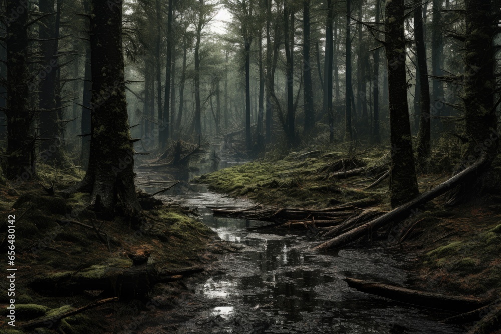 Poster A serene image of a stream flowing through a dense forest filled with tall trees. This picture captures the tranquility of nature and can be used to evoke a sense of calm and peacefulness. Ideal for n