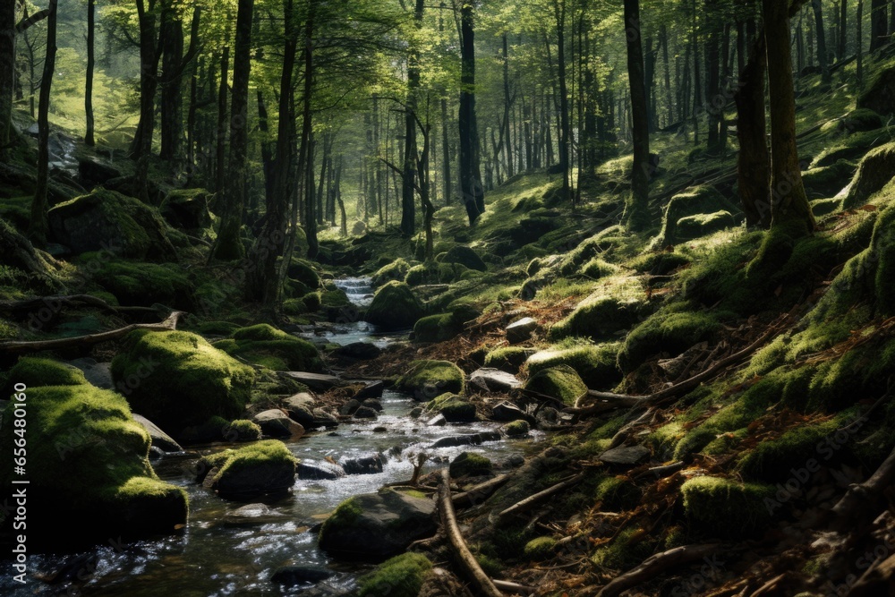 Poster a picture of a stream running through a beautiful, vibrant green forest. this image can be used to d
