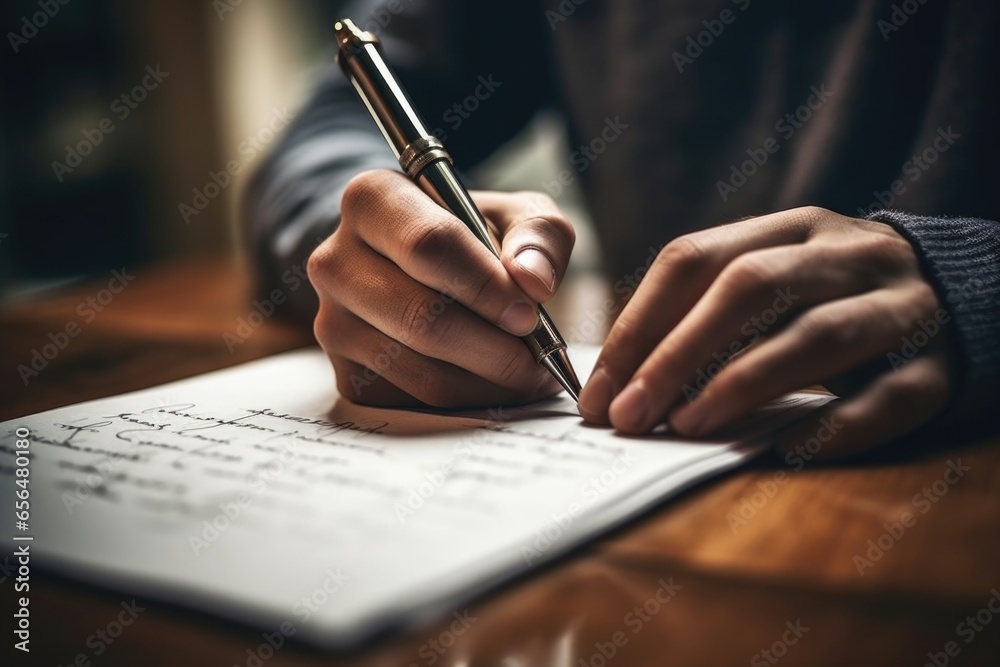 Aufkleber a person is captured in the act of writing on a piece of paper with a pen. this image can be used fo