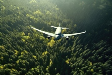 Fototapeta na wymiar A large airplane soaring through the sky above a vibrant and lush green forest. Perfect for travel, nature, and adventure themes.