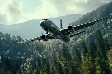 A large jetliner soaring through the sky above a vibrant, lush green forest. This image captures the beauty of nature juxtaposed with modern aviation. Perfect for travel, adventure, and environmental 