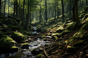 A picture of a stream running through a beautiful, vibrant green forest. This image can be used to depict nature, tranquility, and the beauty of the outdoors.