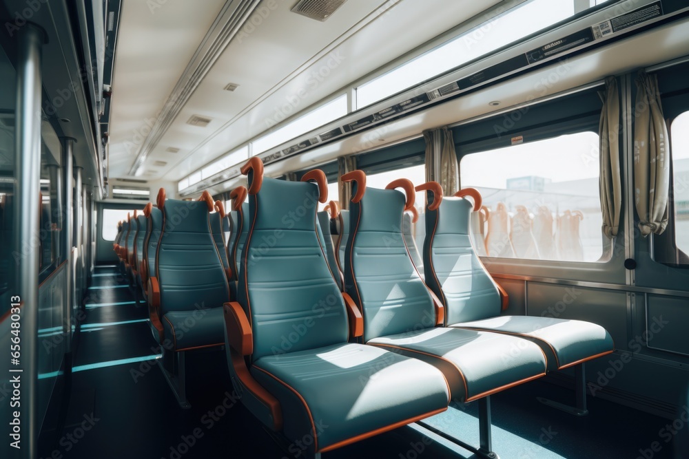 Poster a row of seats on a train next to a window. suitable for travel, transportation, or commuting themes