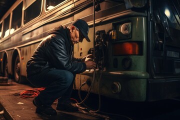 Fototapeta na wymiar A man is seen working on a bus inside a garage. This image can be used to depict automotive repair, maintenance, or transportation-related themes.
