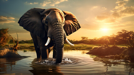 African Wildlife Elephant in the River water Under the Sunny Sky Nature's Harmony background