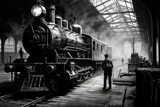 A black and white photo of a man standing confidently in front of a train. This image can be used to depict determination, travel, or transportation.