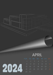 4 April. Calendar for 2024. Vector wall calendar template. Sketch for creativity.