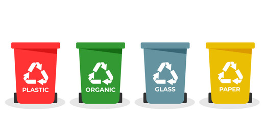 Sorting and recycling garbage by material with different types of colored waste bins with symbols for organic, paper, glass, plastic
