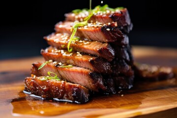 soy-based marinade seeping into stacked pork belly slices