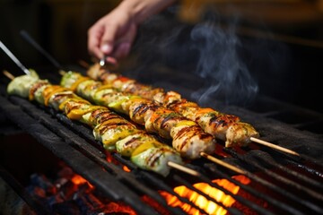 Naklejka premium hand turning fish skewers on a hot grill