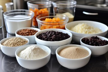pre-portioned ingredients in small bowls for baking