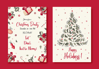 Christmas Party invitation. Merry Christmas and Happy Holidays cards with New Year tree, snowflake, floral frames and backgrounds. Ornate modern universal artistic templates hand made.