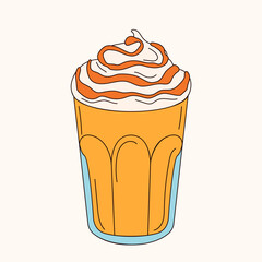 Frappe iced coffee in a glass cup in line art, doodle style. Vector illustration isolated on a white background.