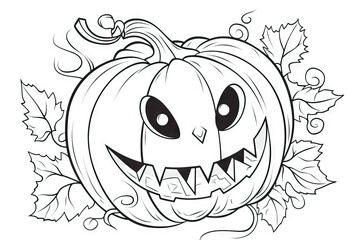 Coloring sheet of terrifying Halloween Jack o lantern pumpkin, with black lines and white background. Image created with AI software