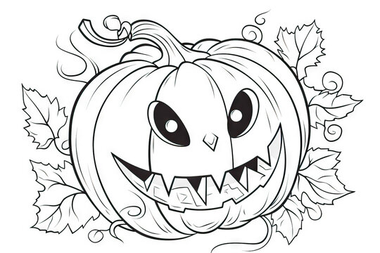 Coloring sheet of terrifying Halloween Jack o lantern pumpkin, with black lines and white background. Image created with AI software