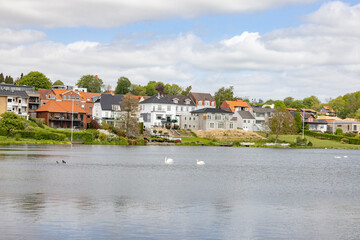 Fototapeta na wymiar Kolding castle lake, Kolding is a harbor and market town in South Jutland in Denmark with 57,583 inhabitants (2013)