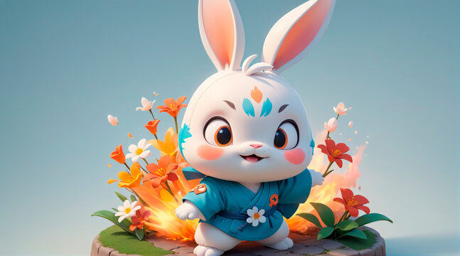 cute white rabbit with AI generated animated flaming flowers