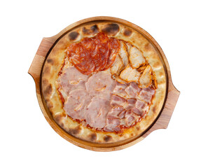 top view of meat pizza on wooden board on white background