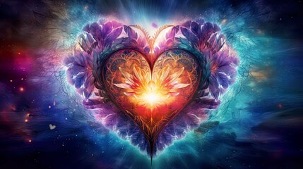 Cosmic love, the heart as the soul's sanctuary. Esoteric heart, soul, and emotions in universal love. Mystical, spiritual connection, chakra, connectedness. - obrazy, fototapety, plakaty