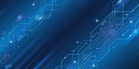 Wide technology communication. Futuristic design for banner or presentation. The abstract circuit board is on a blue background. Hi-tech digital technology and engineering concept.