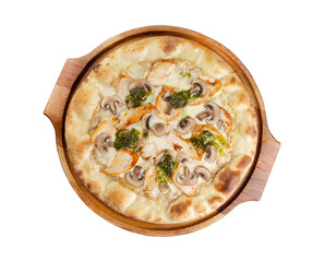 Top view of pizza with chicken and mushrooms on a wooden board
