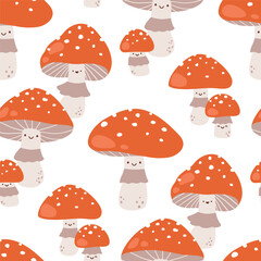 Vector seamless pattern with cute fly agaric mushroom characters on a white background - 656484977