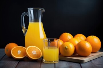 slices of fresh juicy oranges next to a jug of juice