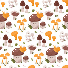 Vector seamless pattern with cute forest mushroom characters on a white background - 656484989