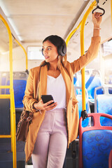 Woman, bus and traveling with headphones and phone, listening to song, music and audio in public...