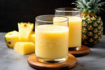 close up of a glass filled with frothy pineapple juice
