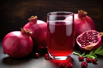 fresh pomegranates next to a full glass of its juice