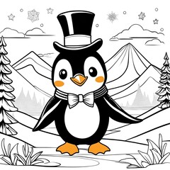 color book page of a mischievous penguin with chibi style eyes, children coloring book pages, sketch of  penguin with mountain background