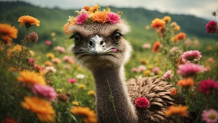 Poster An ostrich bird amid beautiful spring flowers puts a wreath on its head, wildlife © hassani