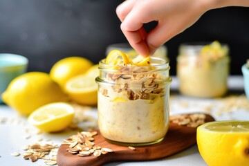 hand squeezing juice from a lemon onto multicultural overnight oats