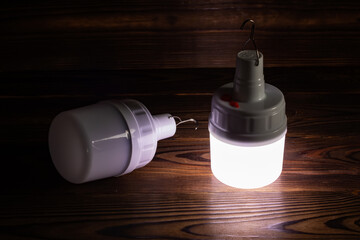 Two white emergency led bulbs with integrated battery