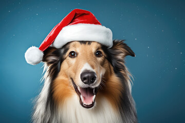 Rough Collie dog wearing Santa Claus hat in front of a blue gradient background. Celebrating Christmas concept. Greeting card for Christmas