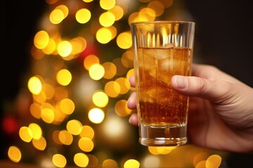 hand holding a glass of ginger ale with holiday lights in the background