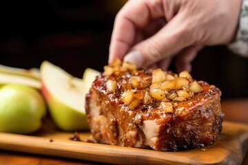 close-up of a hand holding pork chop glazed with apple sauce