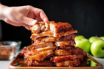 hand arranging a stack of apple sauce glazed pork chops