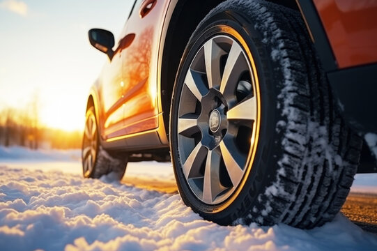 Car with new winter wheels and tires on snow