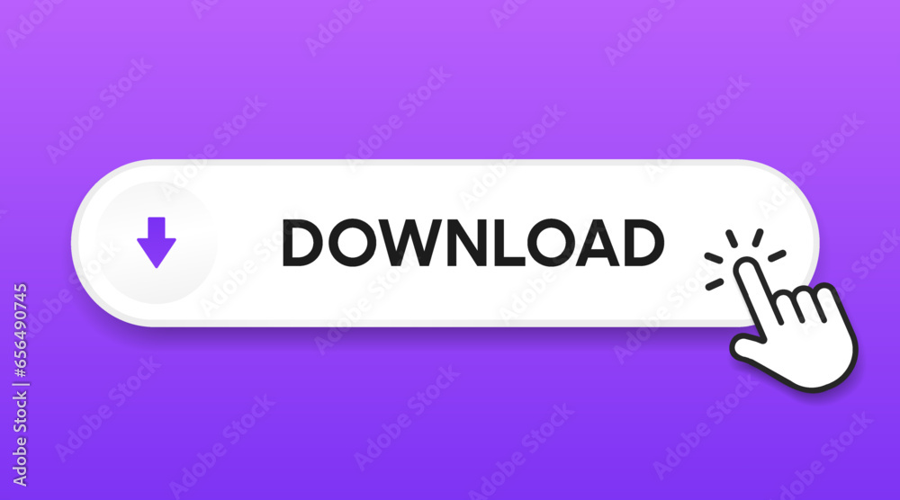 Poster 3D blue download button icon. Upload icon. Down arrow bottom side symbol. Click here button. Save cloud icon push button for UI UX, website, mobile application.