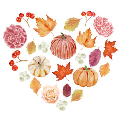 Hand drawn watercolor illustration with autumn heart